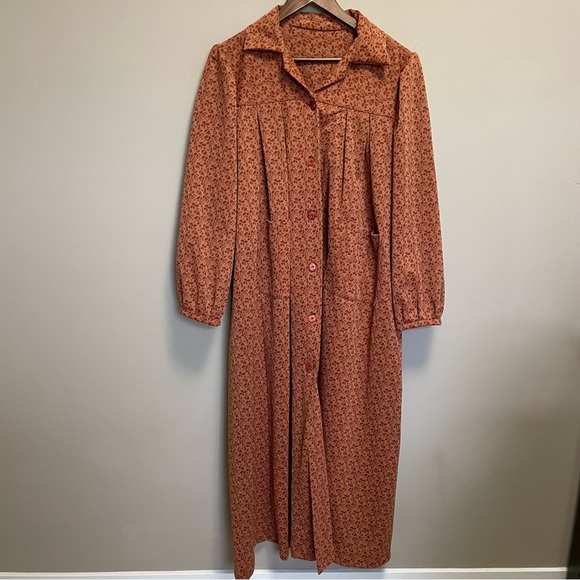 Vintage 50s 60s Orange Rust Floral Print Dress Coat Size XL - Picture 1 of 11